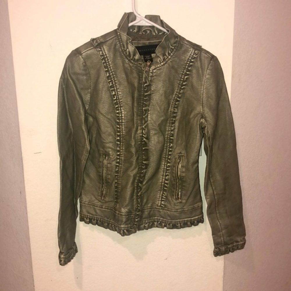 Apostrophe Womens jacket size S faux leather gray with ruffles